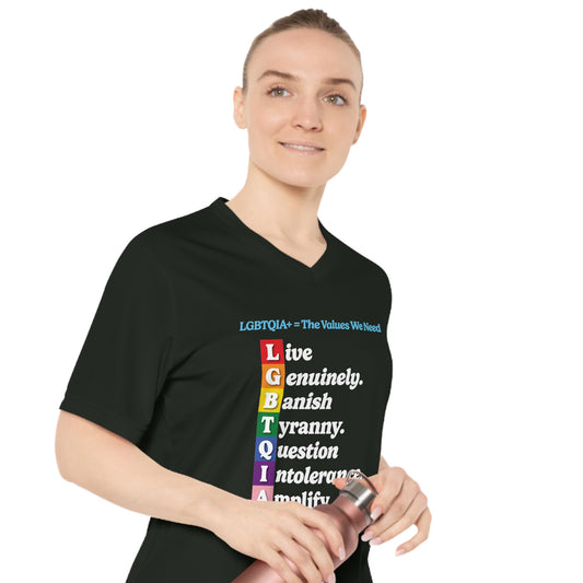 LGBTQIA+ Values Women’s V-Neck Tee “Banish Tyranny” Edition