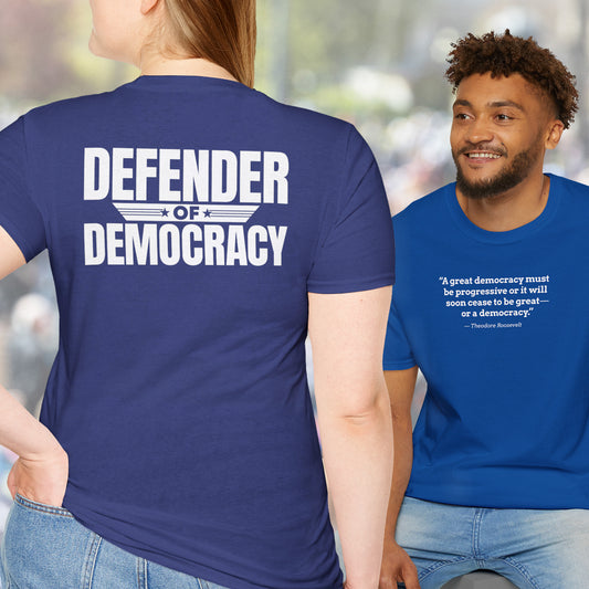 DEFENDER OF DEMOCRACY — Unisex Softstyle T-Shirt; Royal Blue or Metro Blue