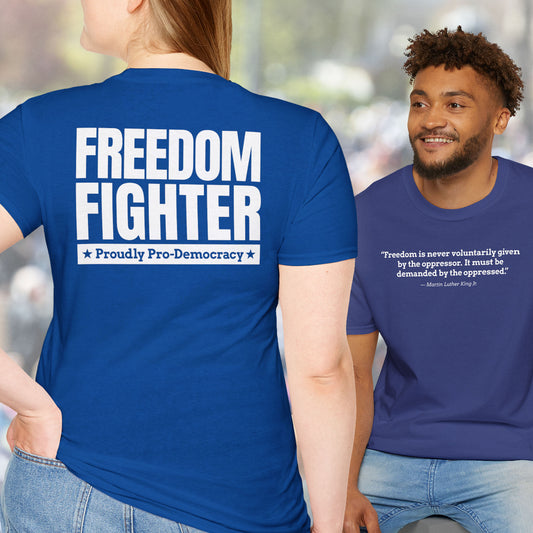 FREEDOM FIGHTER — Unisex Softstyle T-Shirt; Royal Blue or Metro Blue