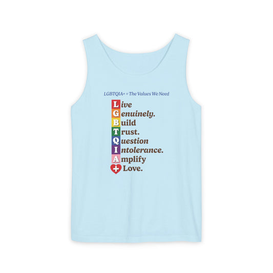 LGBTQIA+ Values Unisex Tank Top – “Build Trust” Edition (Chambray Blue)