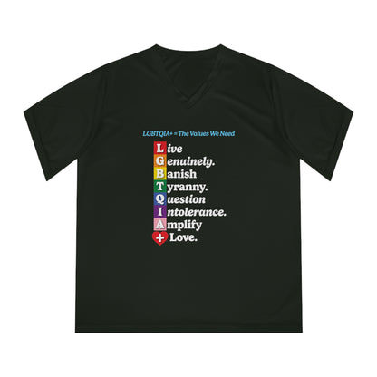 LGBTQIA+ Values Women’s V-Neck Tee “Banish Tyranny” Edition