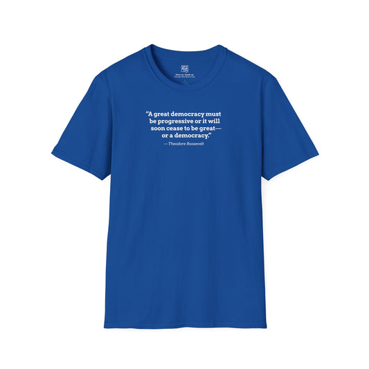 DEFENDER OF DEMOCRACY — Unisex Softstyle T-Shirt; Royal Blue or Metro Blue